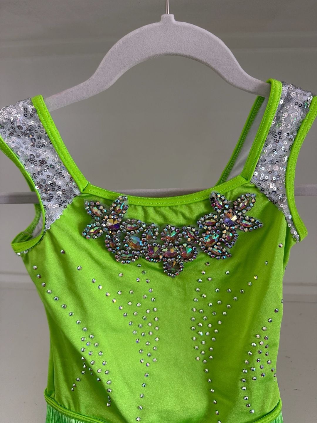 WEISSMAN Neon Green Sleeveless Dance Leotard with Fringe