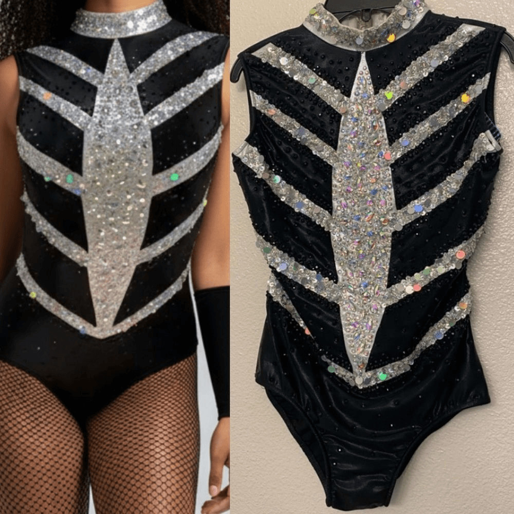 Glamour solo dance costume black white jazz broadway bedazzled MA adult