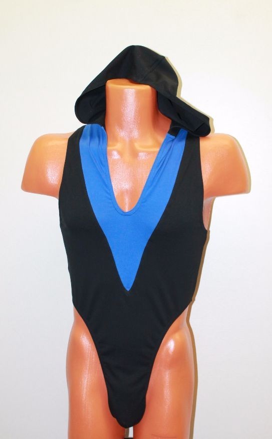 Men Thong Leotard 153-61 Hood Black and Blue Spandex Size M