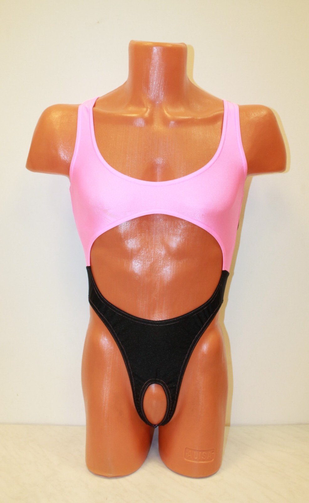 Men Thong Leotard 151-53 Hole Crotch Pink and Black Spandex Size M