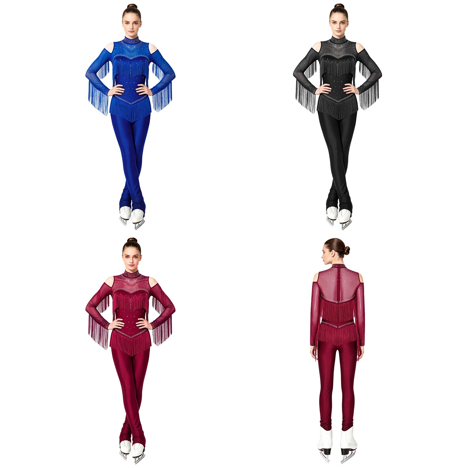 US YiZYiF Lady Figure Skating Jumpsuit Cold Shoulder Rhythmic Gymnastics Leotard