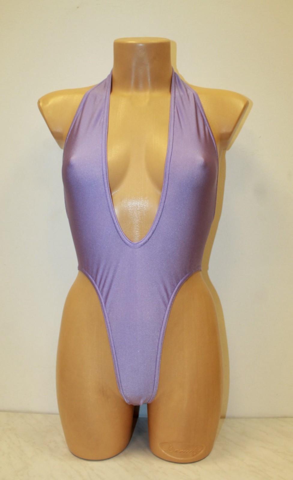 Women Thong Leotard 203-07 Deep Neckline Open Back Light Purple Spandex Size M