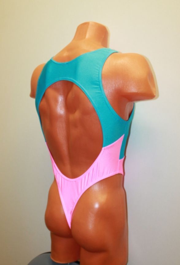 Men Thong Leotard 151-10 Open Front Open Back Blue and Pink Spandex Size L