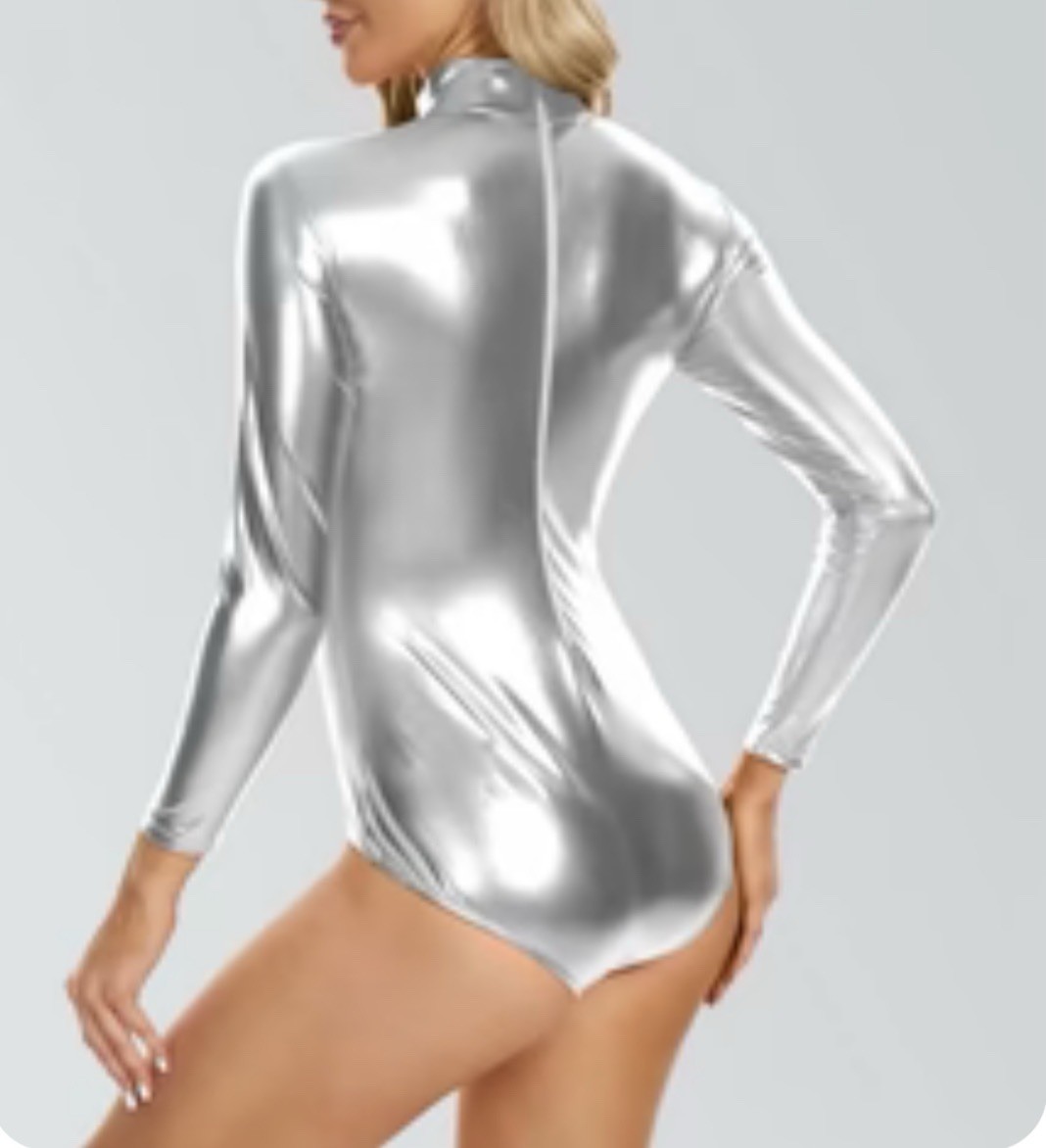 Speerise Silver Metallic Long Sleeve Mock Neck Dance Leotard Adult Small NWT