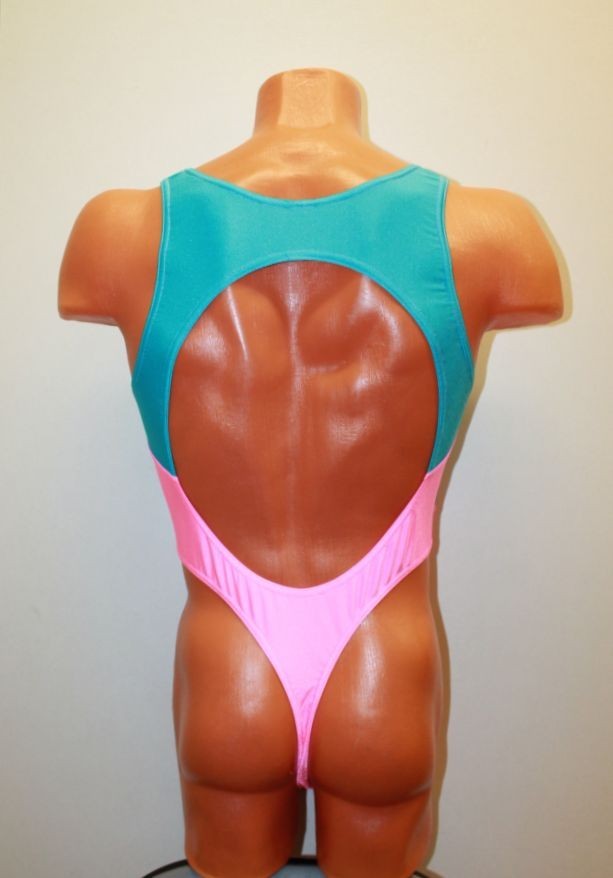 Men Thong Leotard 151-10 Open Front Open Back Blue and Pink Spandex Size L