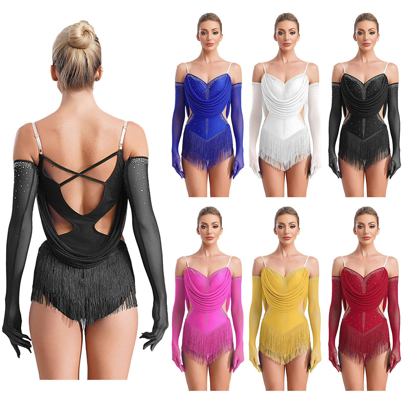 Women Latin Dance Tassel Samba Salsa Jazz Dance Leotards Bodysuit with Gloves