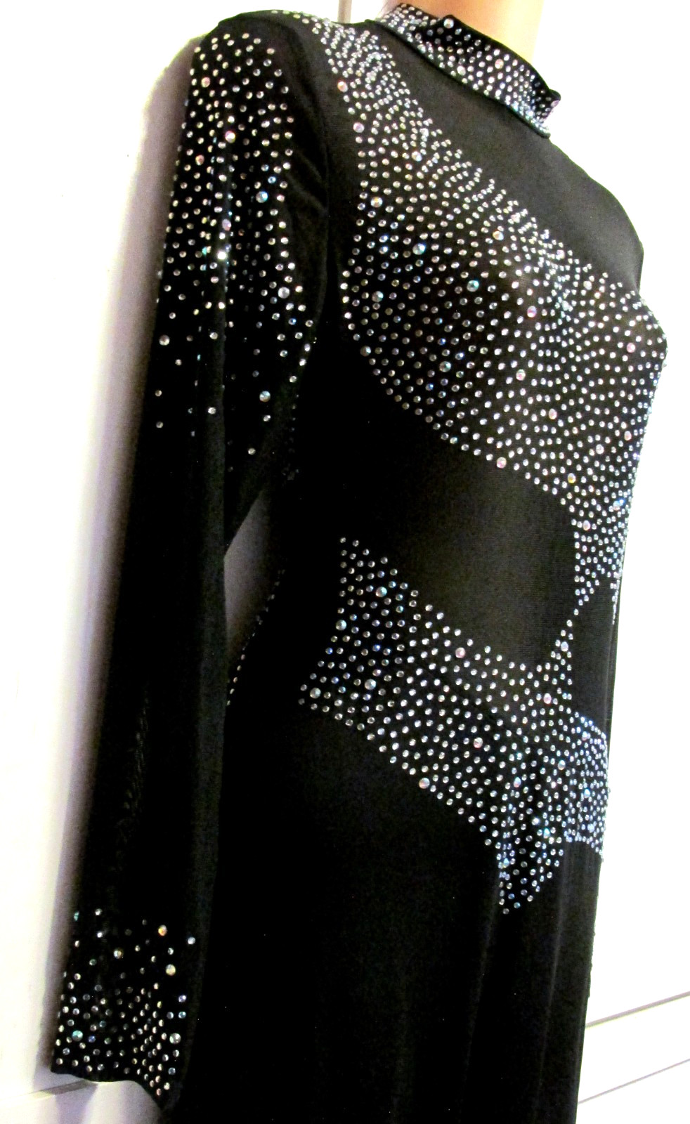 Black Silver Rhinestone Long Sleeve Abstract Unitard Full Body Suit – Women’s M