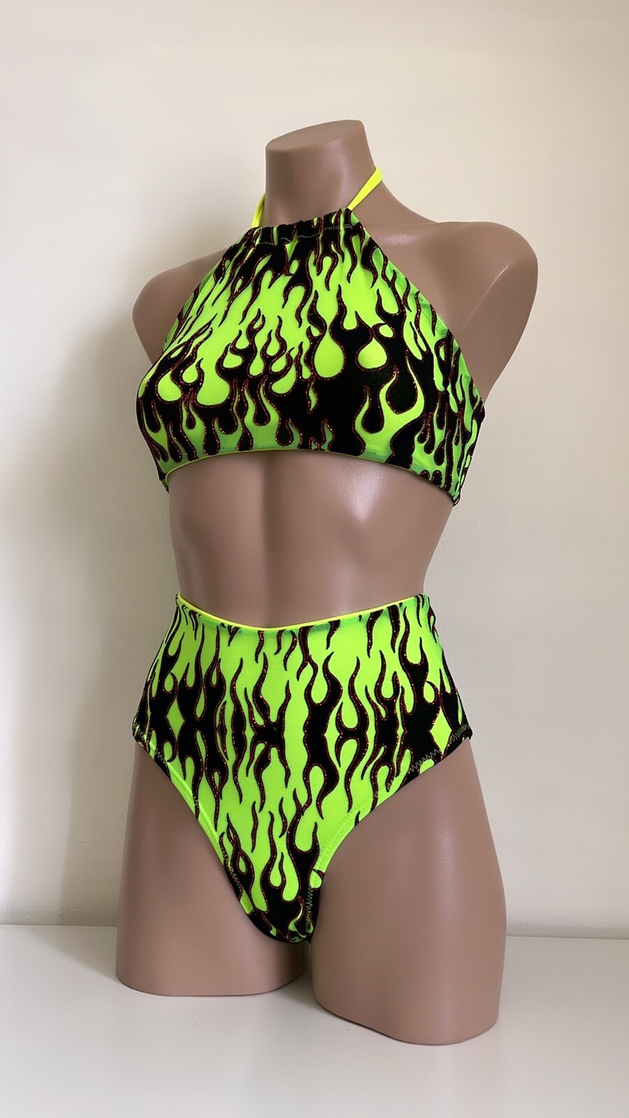 Schminke 🔥 Flames fire pole dance wear mesh UV neon halter crop top & bottoms