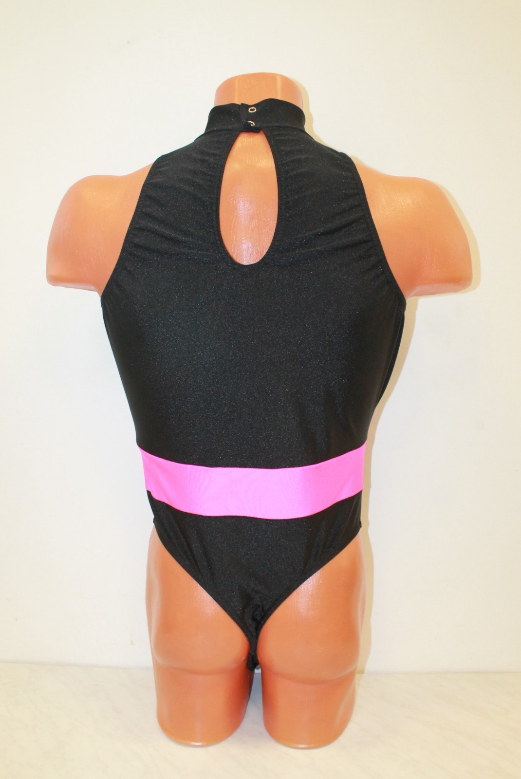 Men Thong Leotard 154-28 High Collar Black and Pink Spandex Size M