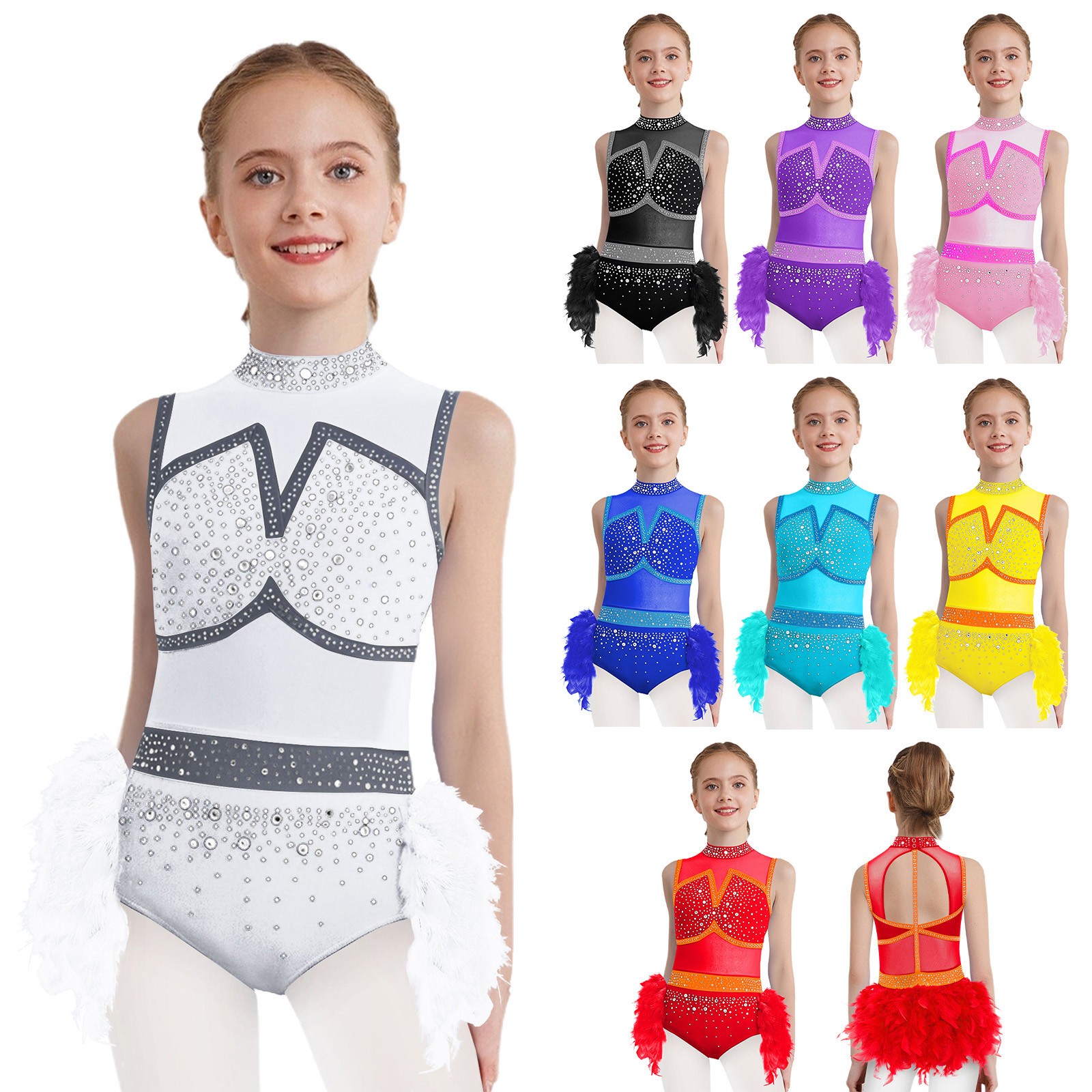 US Kids Girls Dance Leotard Shiny Rhinestones Sleeveless Jazz Latin Bodysuit