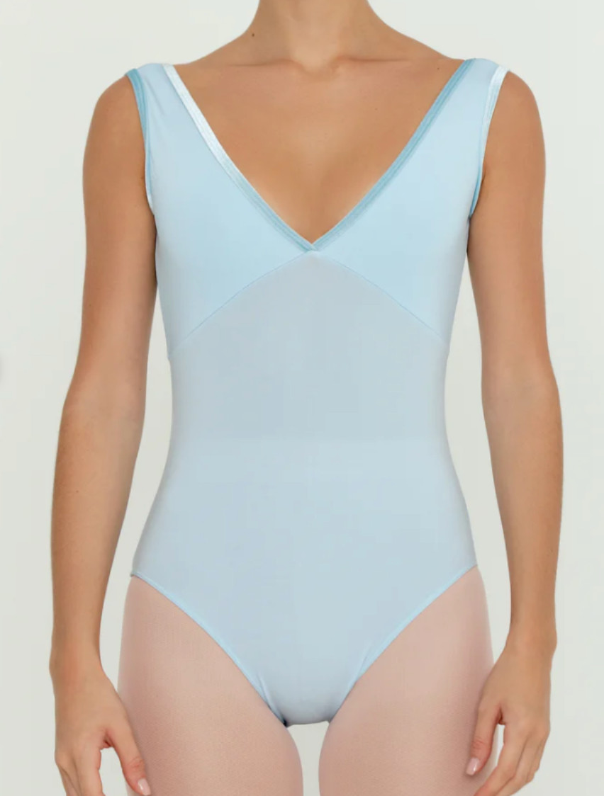 Bullet Pointe Velvet Trim Leotard V-Neck Ballet Dancewear – Light Blue – Small