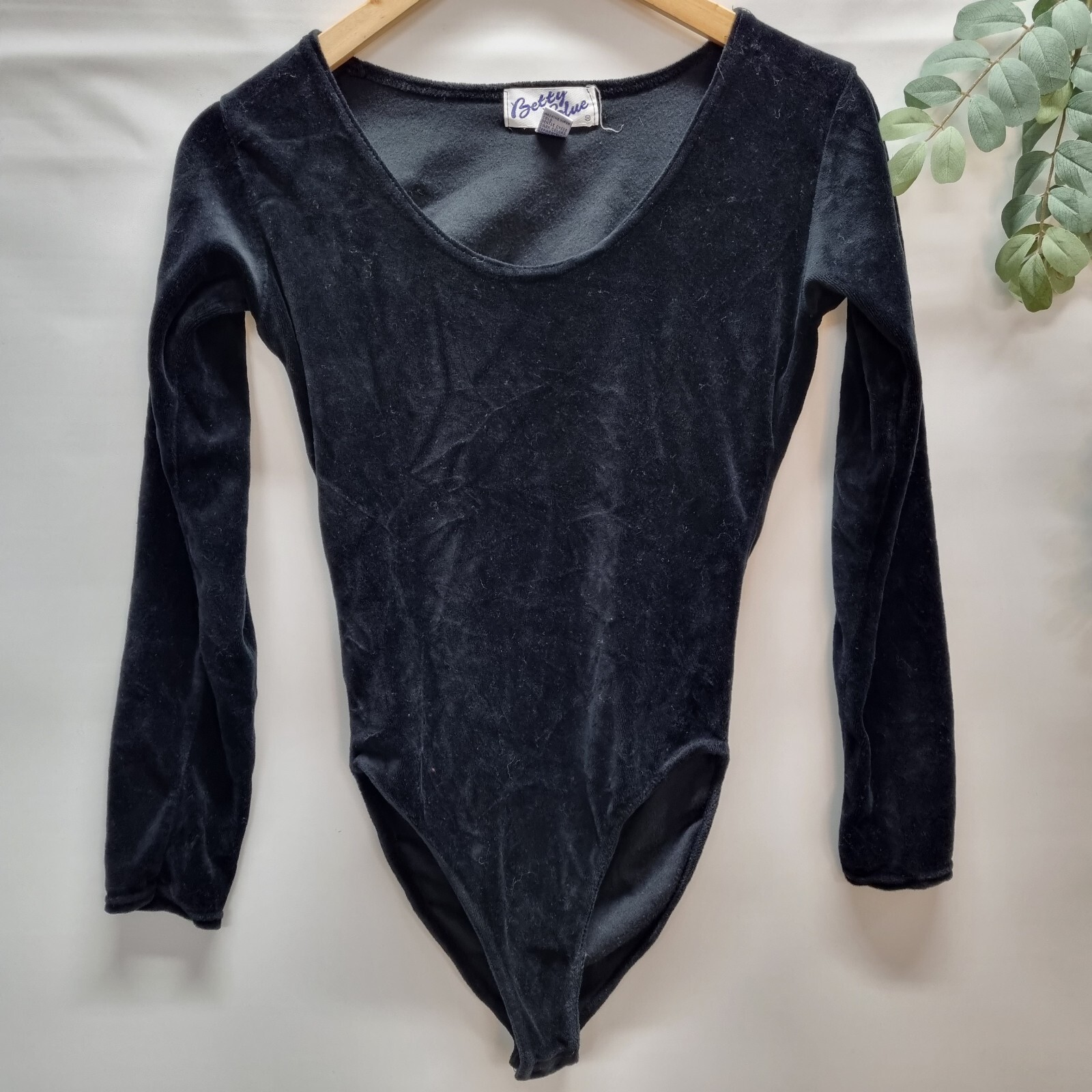 VTG 90’s Betty Blue Snap Crotch Leotard Velour Black Cheeky Cut Long Sleeve Sz S