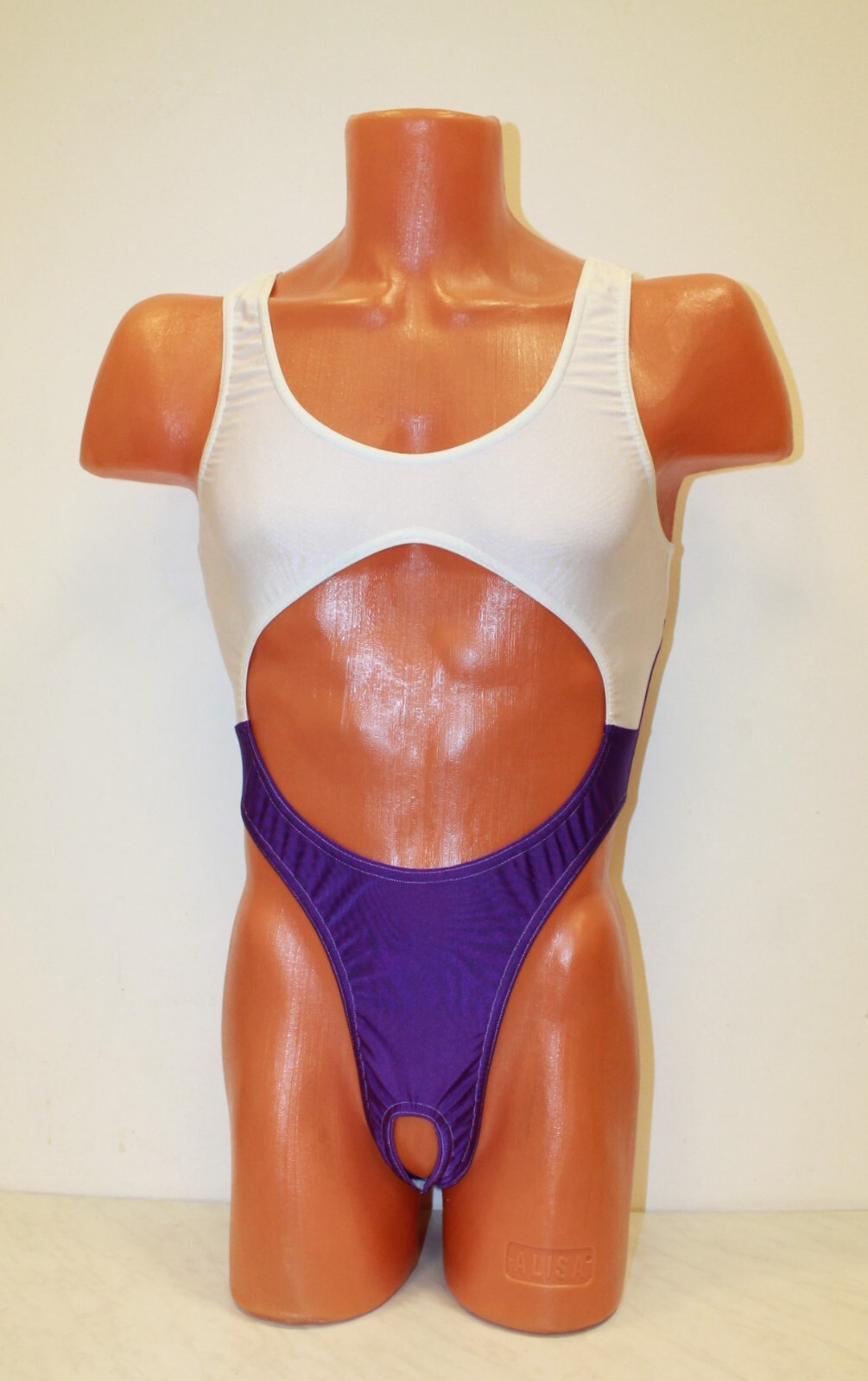 Men Thong Leotard 151-53 Hole Crotch White and Purple Spandex Size L