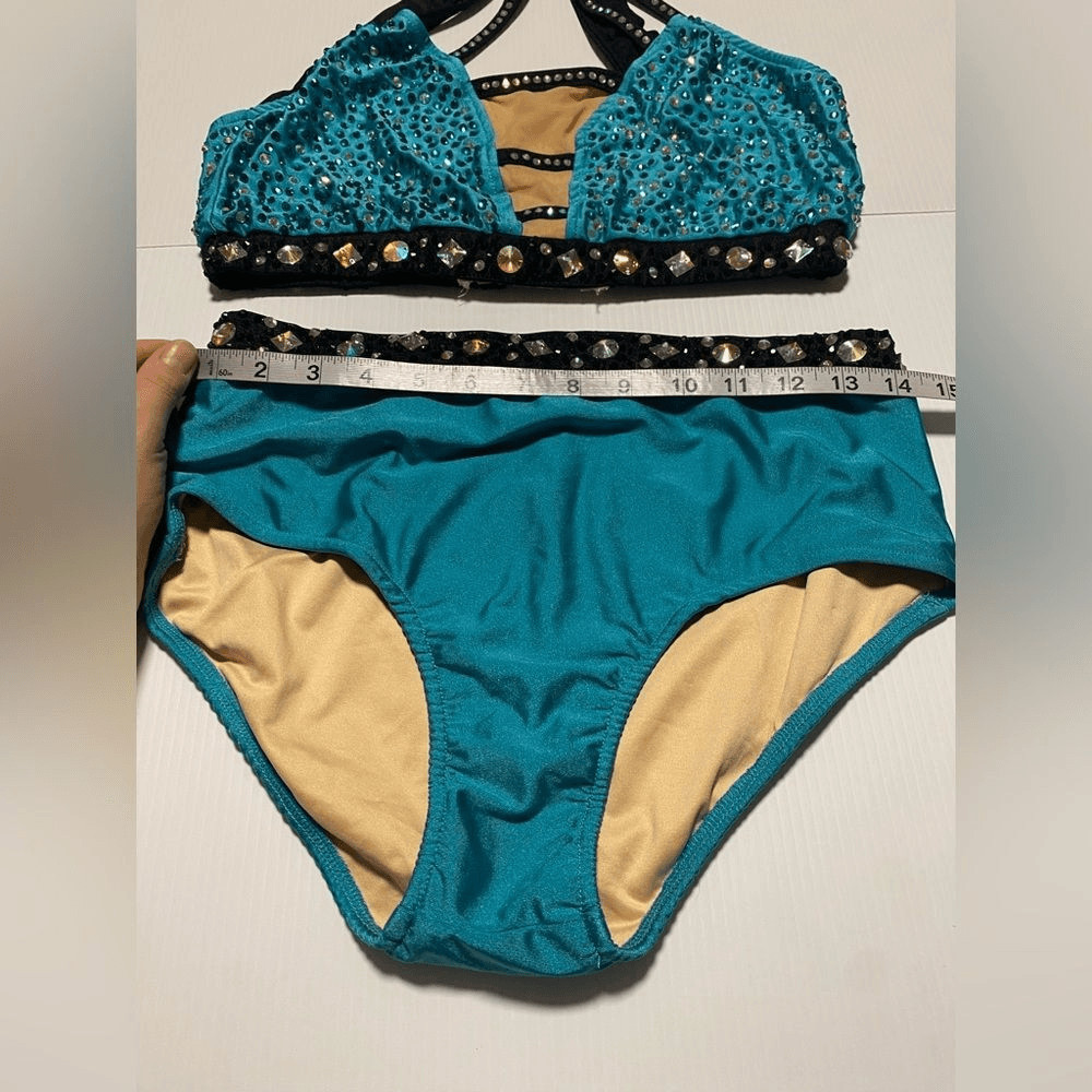 Glamour teal aqua solo 2 piece embellished Dance Costume Leotard LA-Large adult