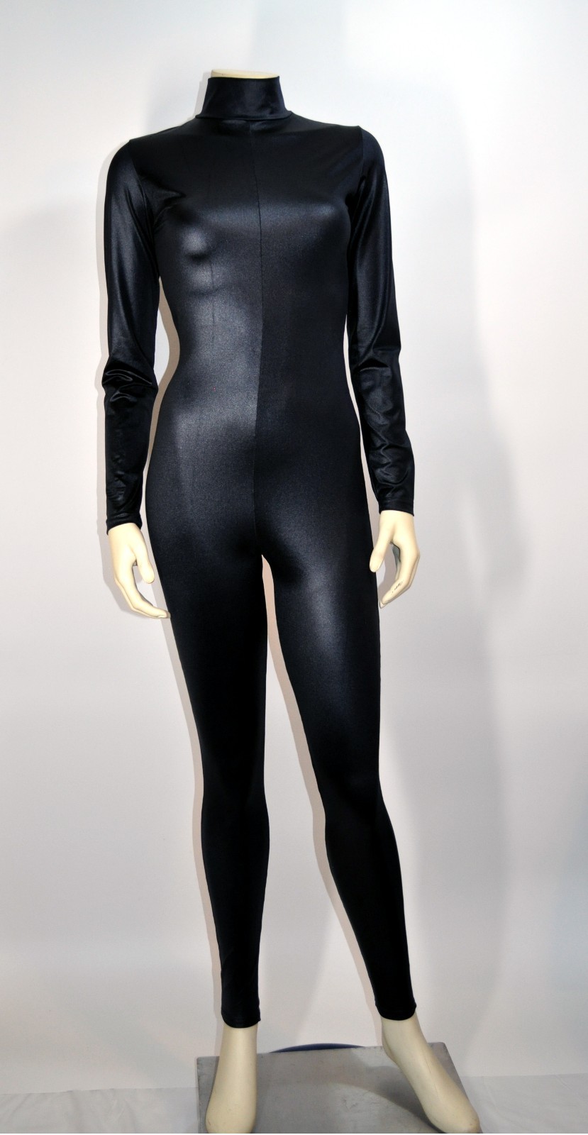 Skinz Black Long Sleeve Catsuit Body Suit Zip Back Mock Neck Costume Dance MED