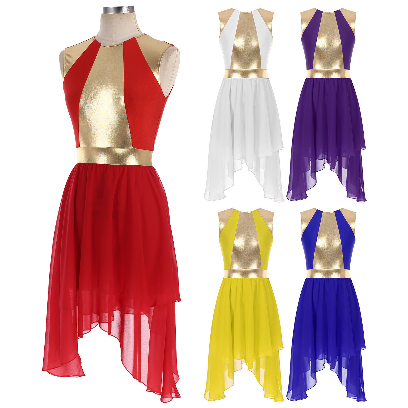 Women Metallic Shiny Praise Worship Dance Dress Chiffon Lyrical Modern Dancewear