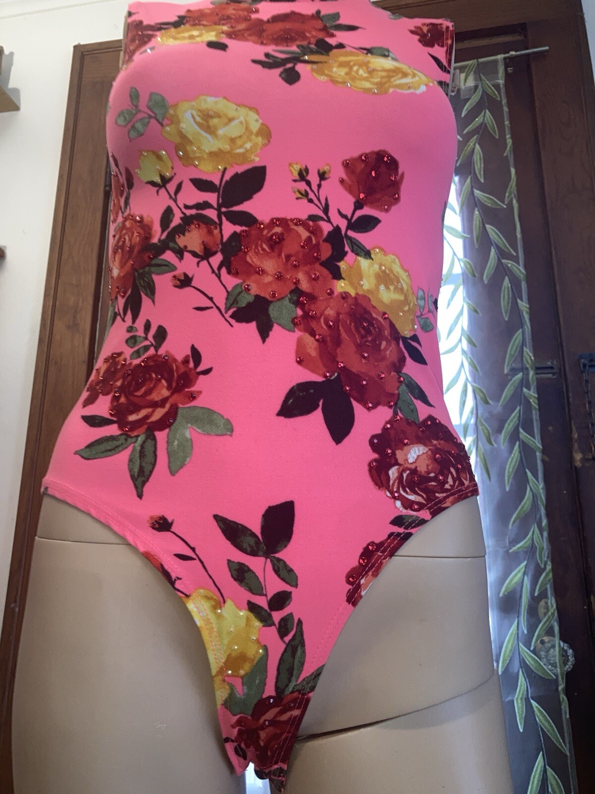 Customized Embellished Rhinestone Floral Print Yellow Red Pink Size Medium