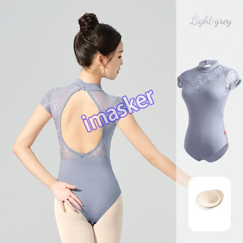Women Ballet Adult Lace Splice Gymnastic Leotard Short Sleeve Dance Leotards