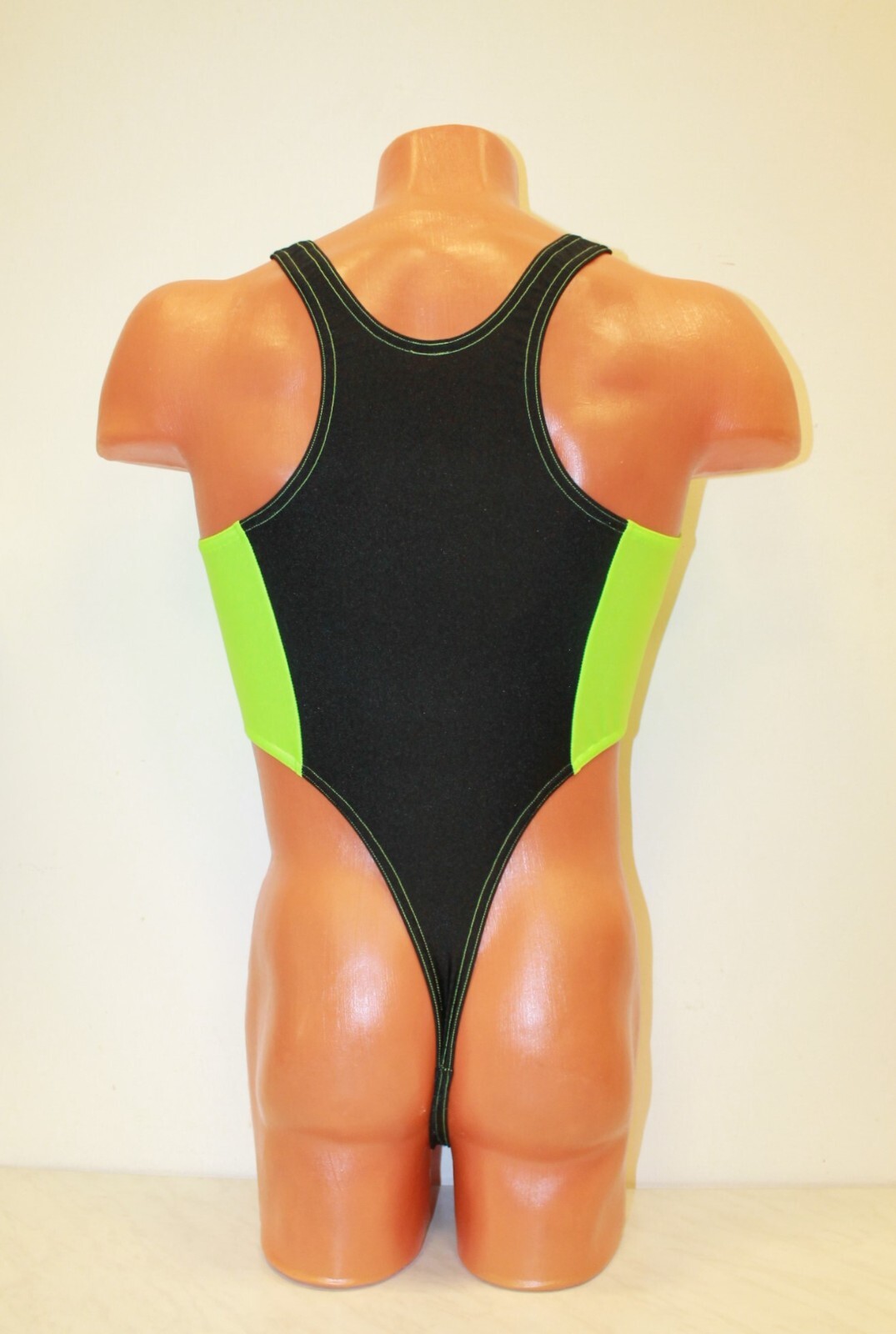 Men Thong Leotard 151-50 Hole Crotch Black and Lime Neon Spandex Size L