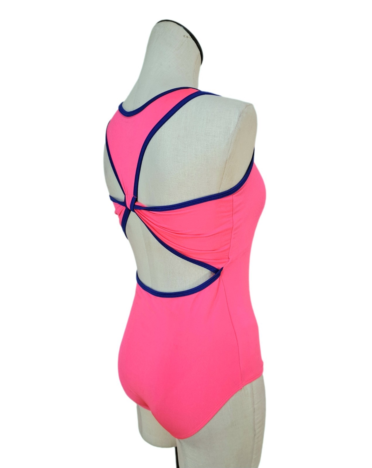 Aja VTG 90s Twisted Triangle Open Back Leotard Coolmax Bra Liner Neon Pink AM