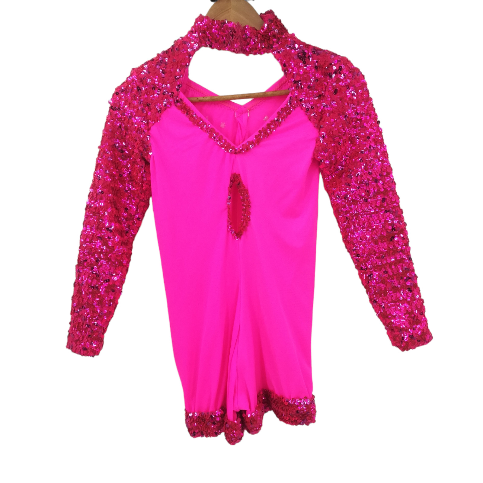 Adult Womans Long Sleeve One Piece Shorts Sequin Dance Costume Size S? Hot Pink