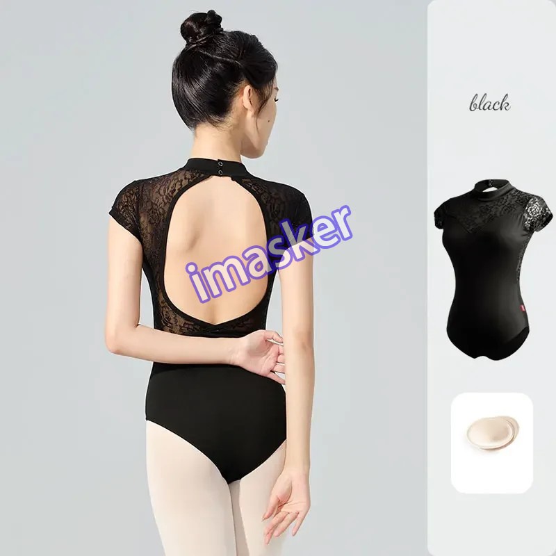 Women Ballet Adult Lace Splice Gymnastic Leotard Short Sleeve Dance Leotards