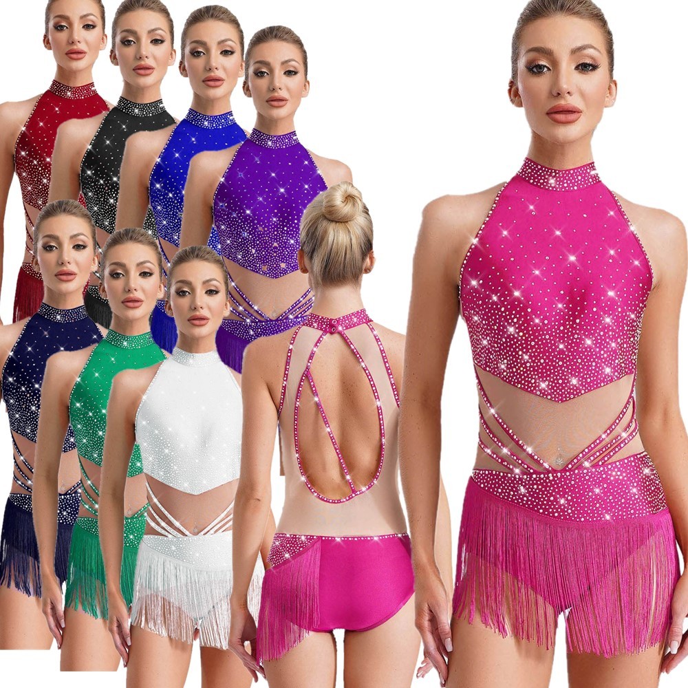 Women Bodysuit Leotard Dancewear Latin Costume Cha-Cha Mock Neck Adorned Dance