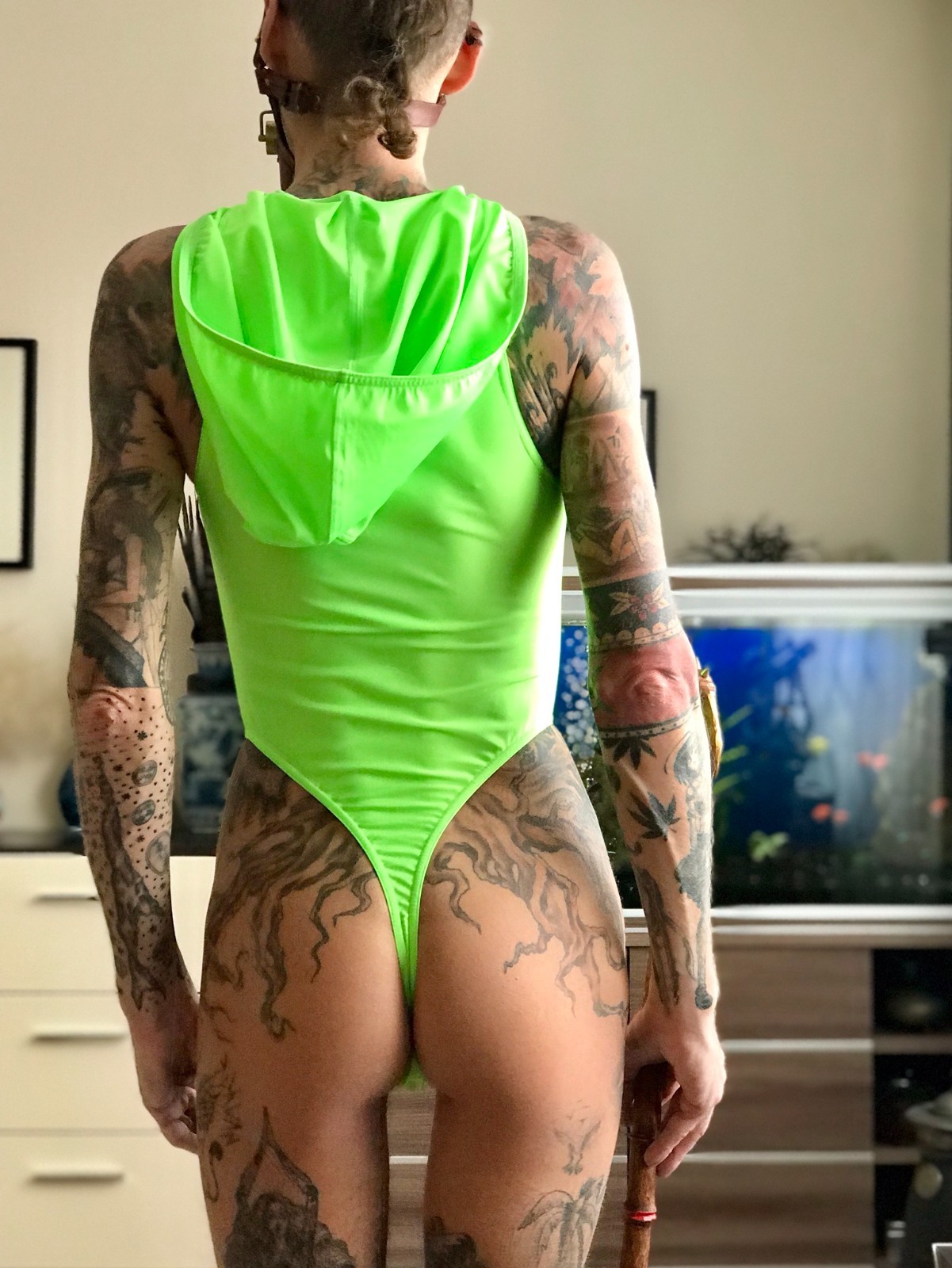 Men Thong Leotard 153-70 Hood Zipper Front Green Spandex and White Mesh Size L