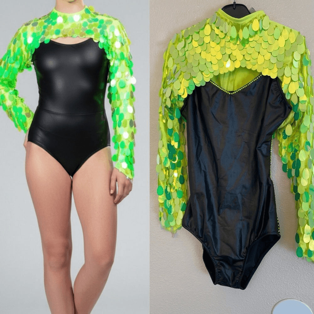 Glamour dance costume neon green leotard black green shrug fringe bling LA adult