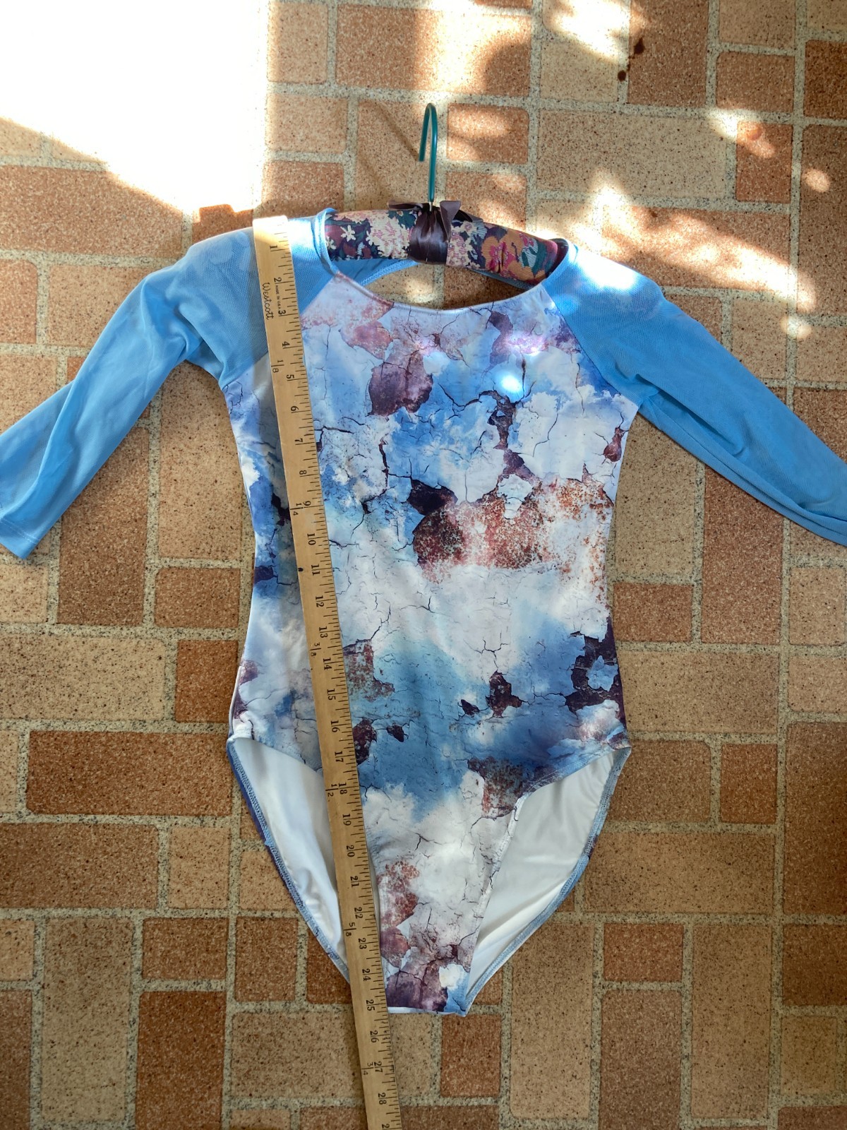 White Light Blue Brown Patterned ¾ Sleeve Ballet Jazz Medium Adult Leotard