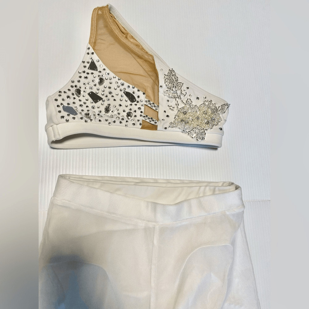 AA dance costume 2 piece set white custom rhinestoned top pants XSA adult LC