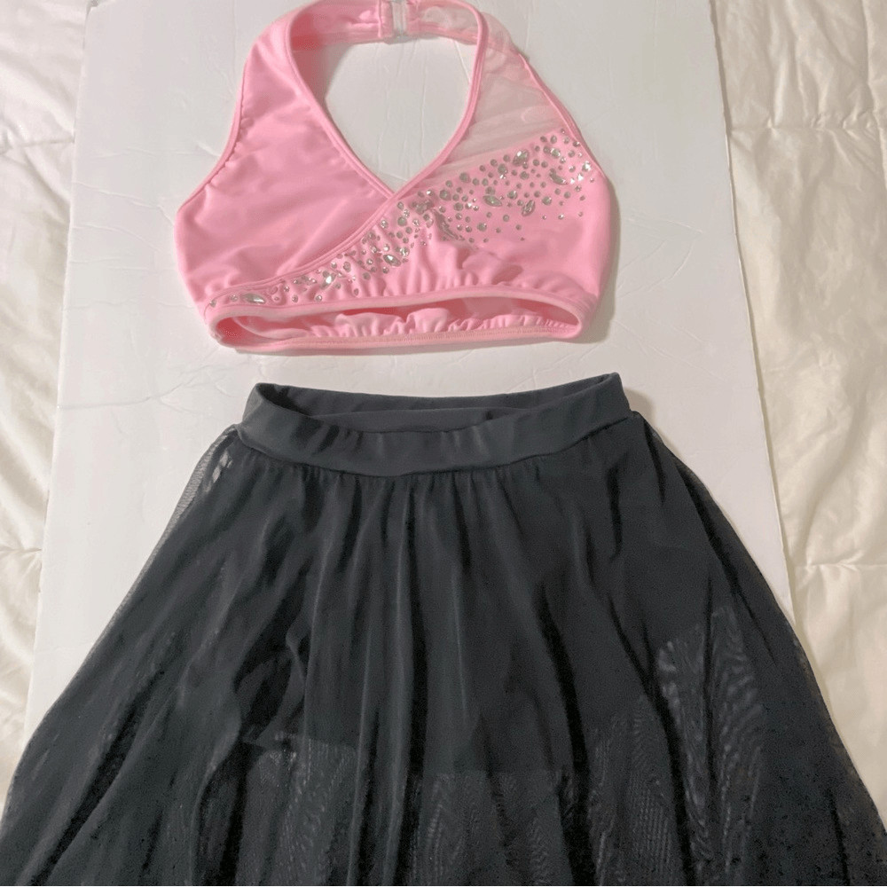 LA dance solo custom pink top 2 piece rhinestoned costume SA-Small adult