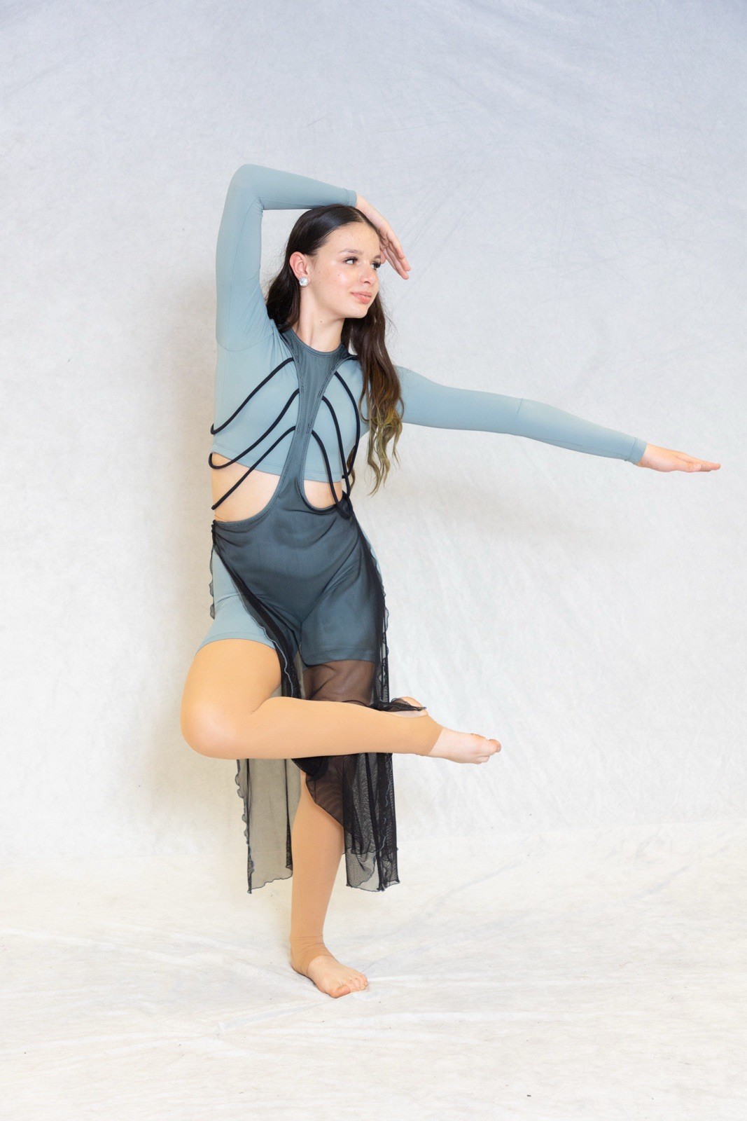 Dance Costume Slate Blue & Black Mesh AS / AM – Long Sleeve Leotard w/ Cutouts