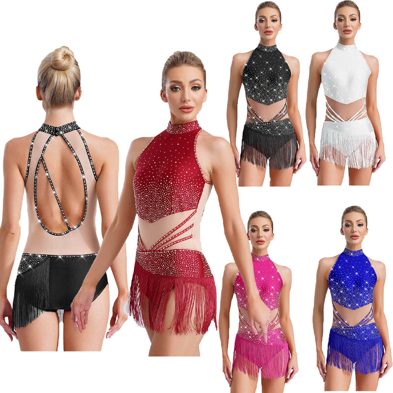 US Womens Costume Skating Dancewear Cocktail Bodysuit Roller Sleeveless Tassels