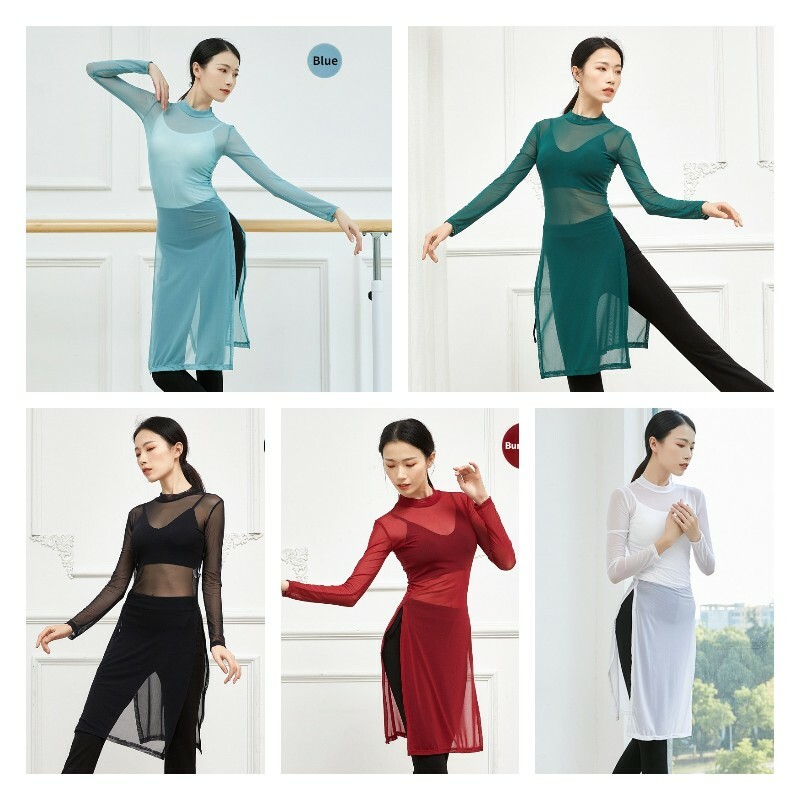 Lady Sheer Mesh Dress Sretch Slim Fitted Slit Yoga Practice Dance Wear Sexy Slim