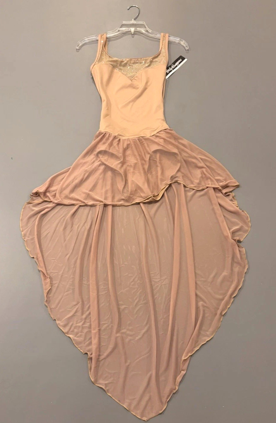 NWT~Body Wrappers Twinkle Mesh High-Low Tank Dress~Adult L~ Nude W/Gold Sparkles