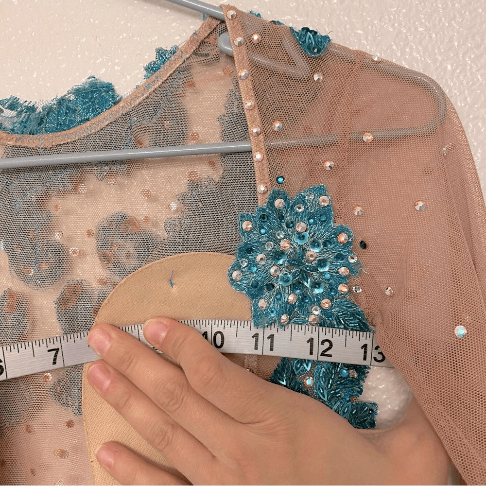 Custom solo dance costume leotard dress lyrical teal rhinestone embellished XSA