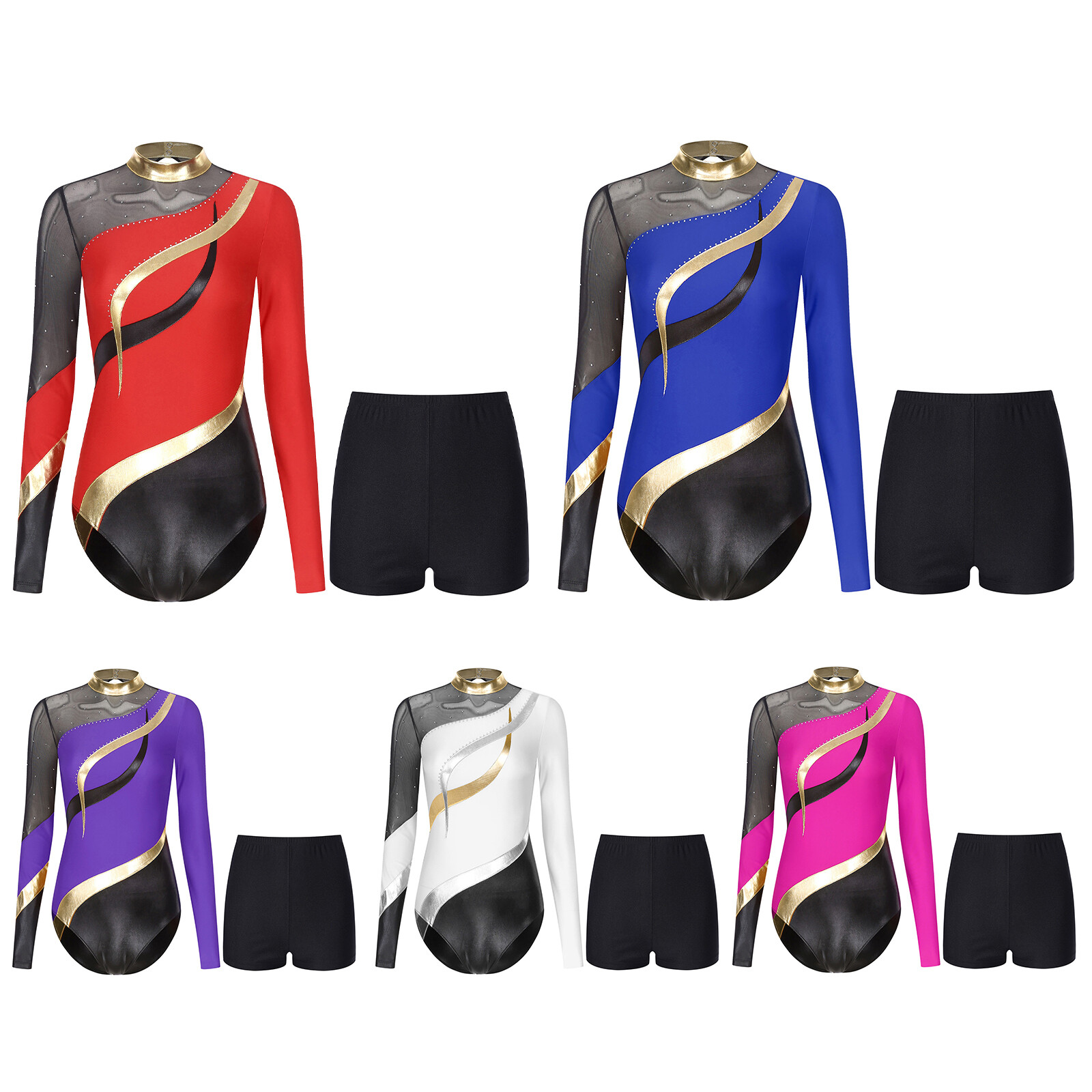 Womens Leotard Sparkly Bodysuit Long Sleeve Tracksuit Athletic Jumpsuit Dance