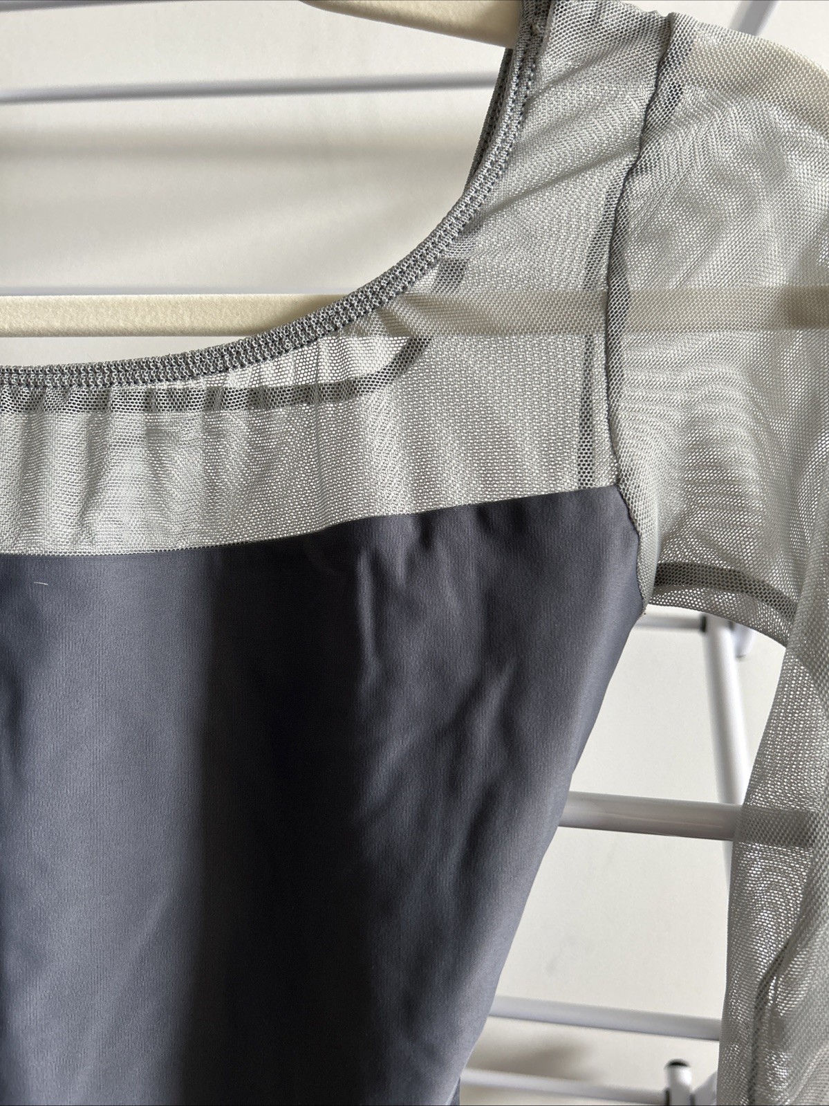 Audition Dancewear Gray M Leotard With Mesh Sleeves, Key Hole Back, Full Lining