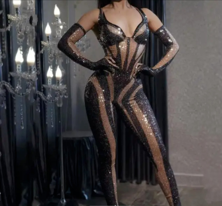 Black and Gold Sequin Bodysuit and Gloves Size Small – 2/4