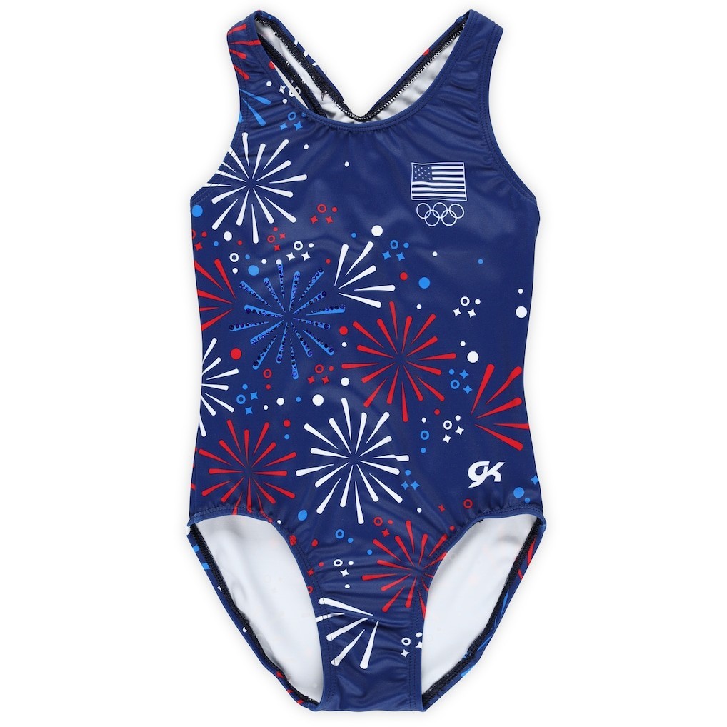 Team USA Girls Youth Blue Illuminated Independence Tank Leotard W/ Scrunchie A/S