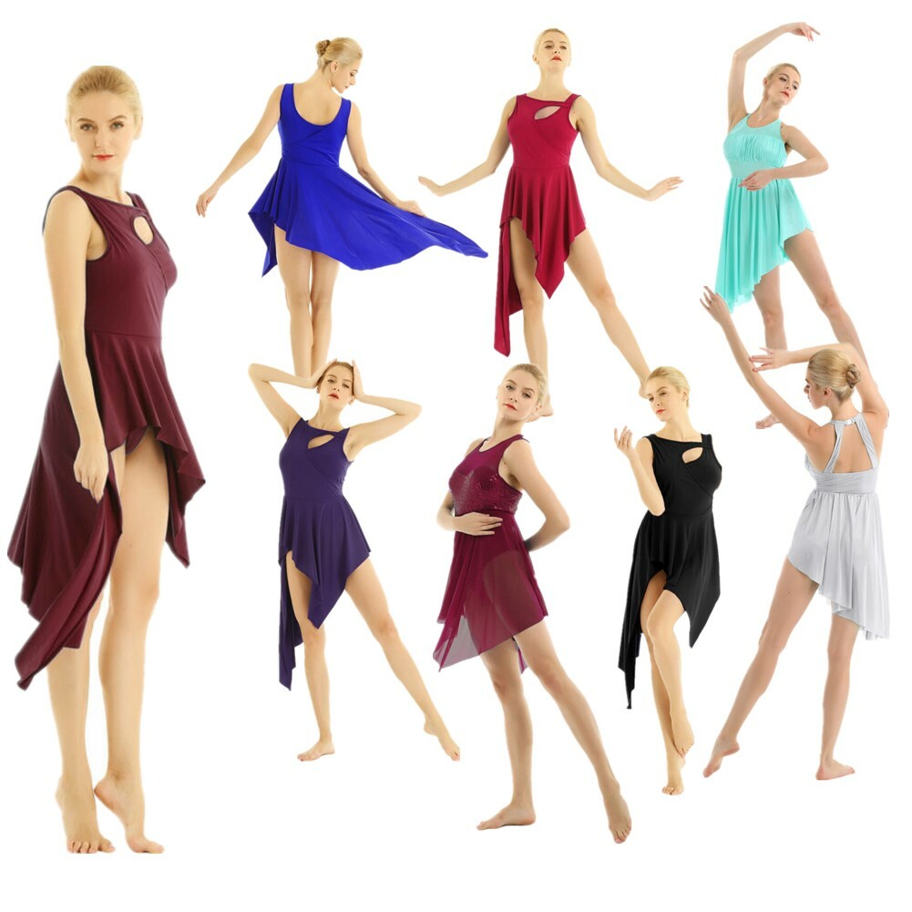 US Women Lyrical Dance Costume Dress High Low Skirt Leotard Performance Party