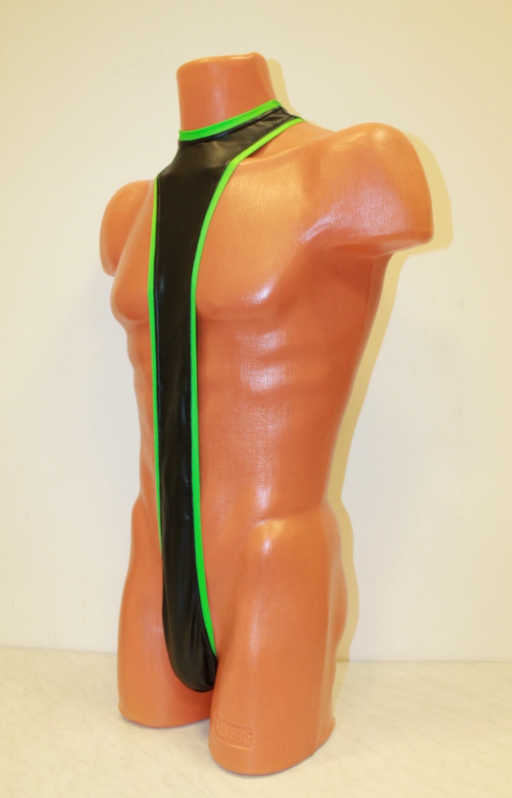 Men Thong Open Leotard 154-29 Black Spandex Leather-like Green Edging One Size