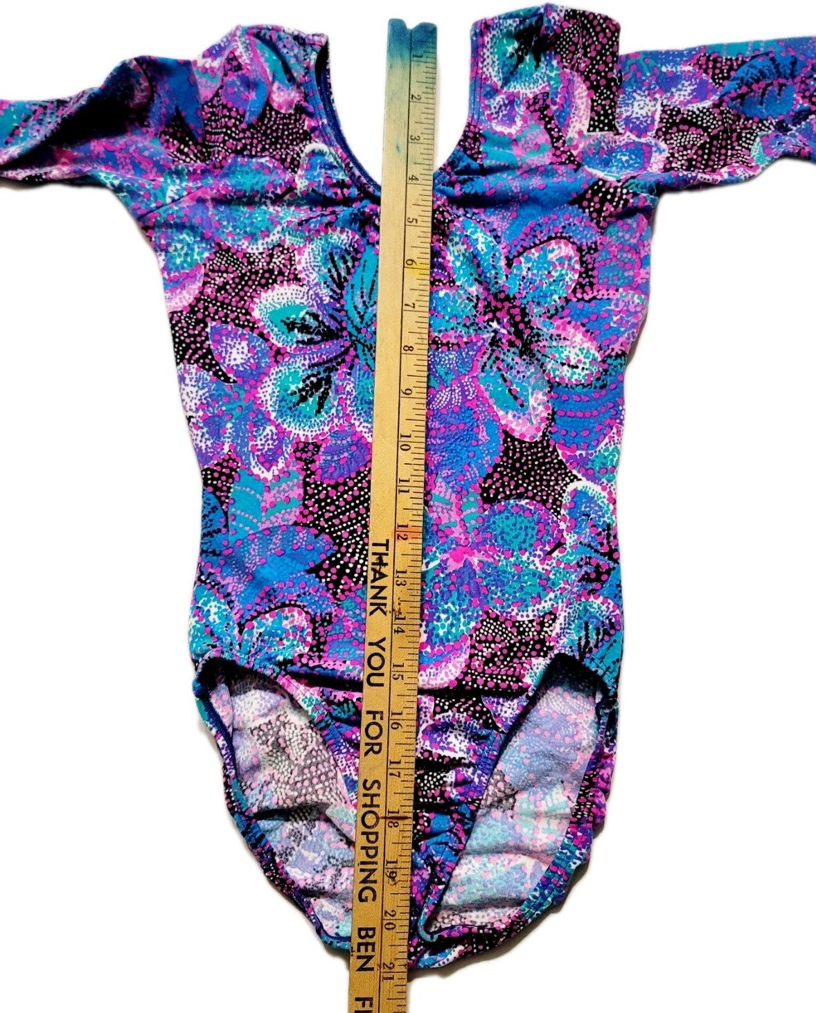 GK Elite VTG Vibrant Blue Pink Botanical Cotton LS Leotard Bodysuit AS Adult S