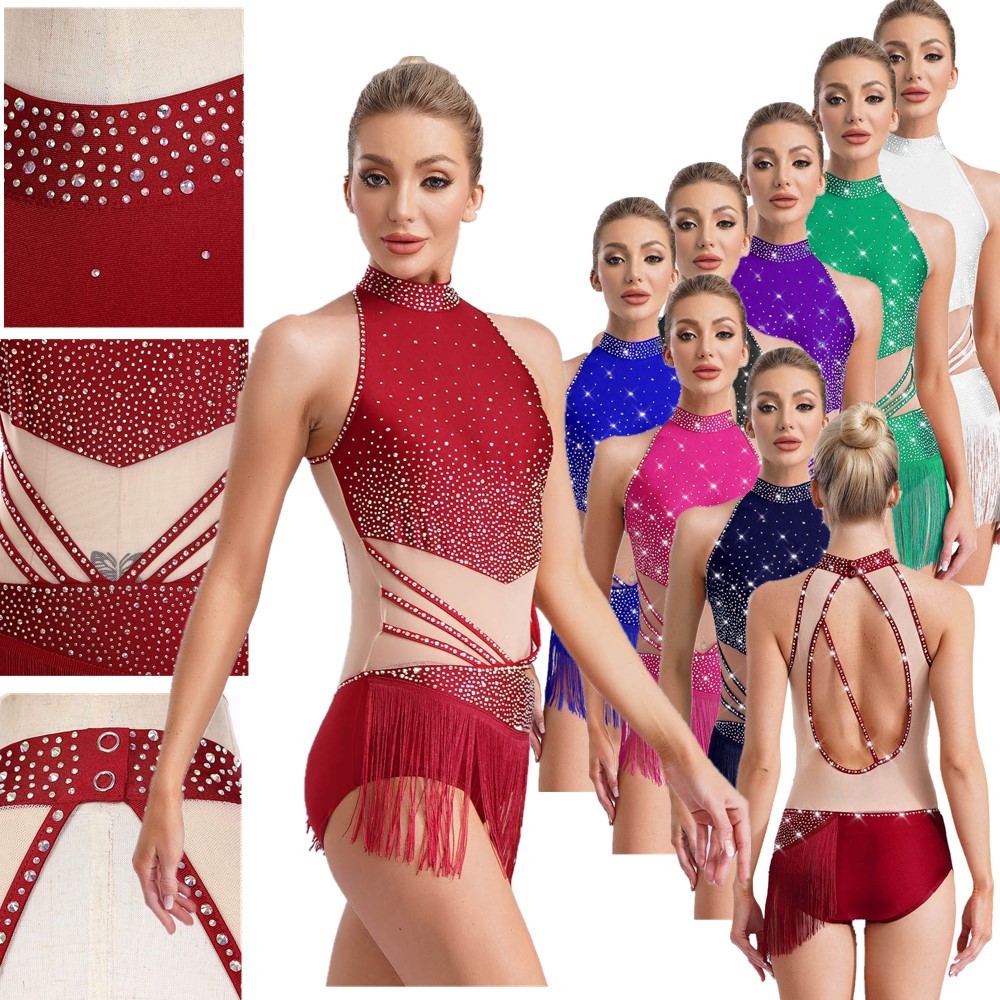 Women Bodysuit Leotard Dancewear Latin Costume Cha-Cha Mock Neck Adorned Dance