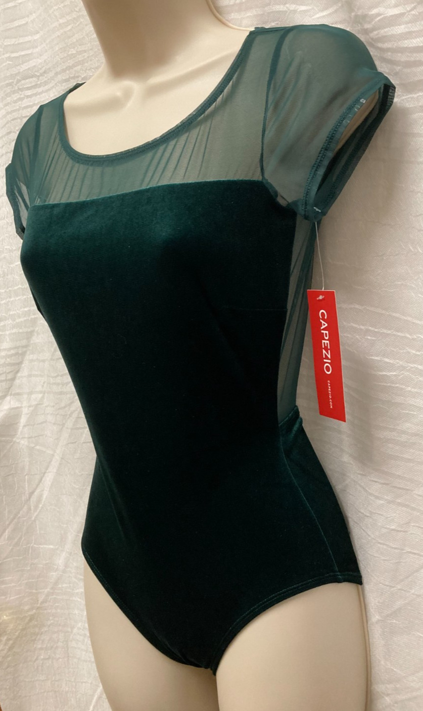 CAPEZIO Mesh top Velvet spandex Cap Sleeve leotard in Juniper Ladies Sizes