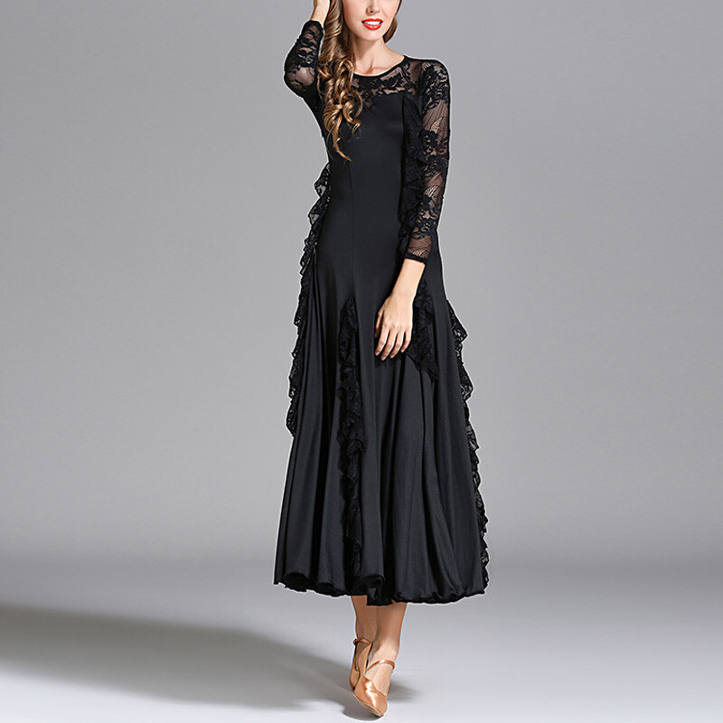 Women Long Sleeve Swing Dance Dress Modern Waltz Professional Ballroom Dancewear
