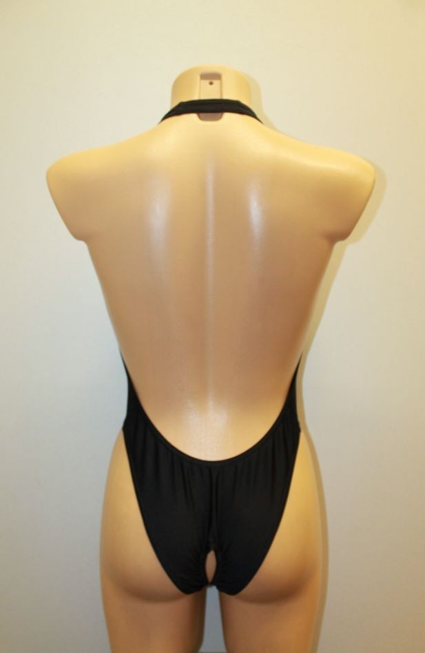 Women Thong Leotard 203-56 Open Back Hole Crotch Black Spandex Size L