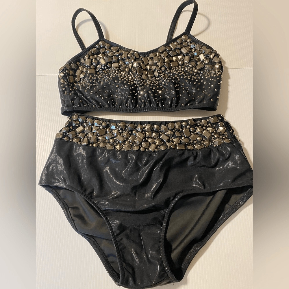 Glamour Dance solo costume mature faux leather studded rocker goth 2 piece LA