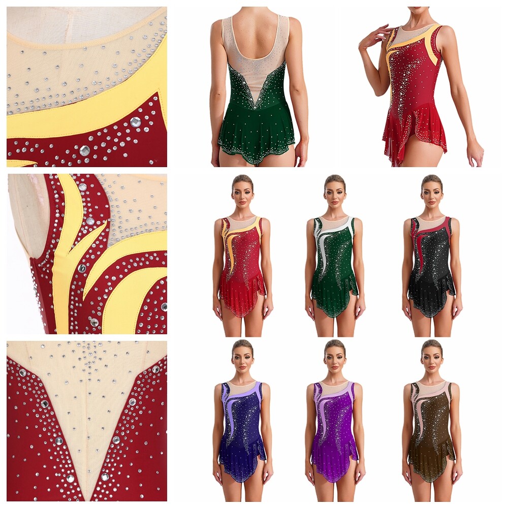 Women Rompers Lyrical Leotard Rhinestone Bodysuit Splice Unitard Gymnastic Mesh